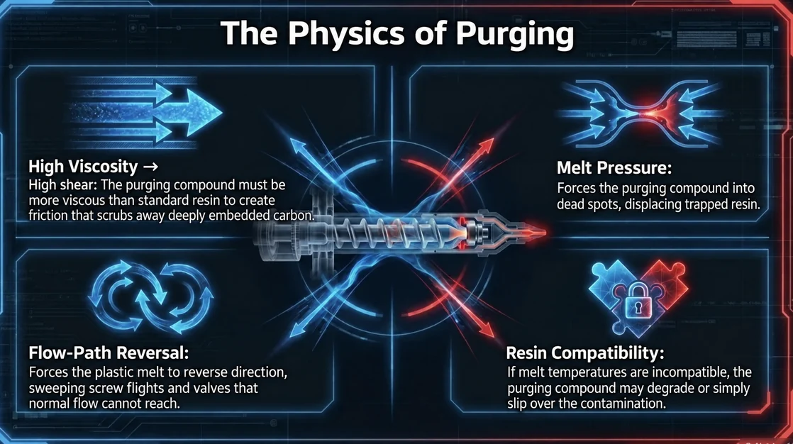 Mechanical Purging physics diagram showing viscosity, pressure, flow reversal and resin compatibility