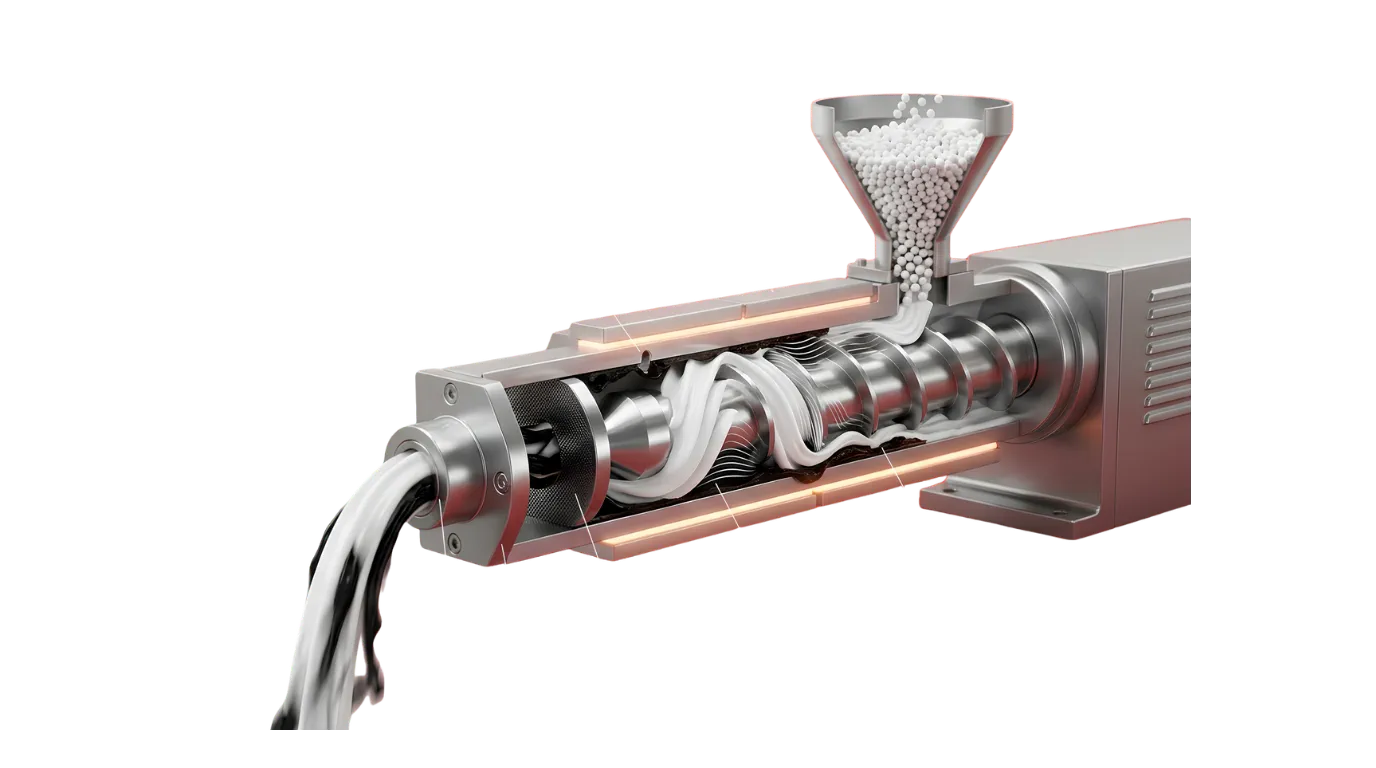 3D extruder showing ASACLEAN purging flow from hopper through barrel and screw to the die