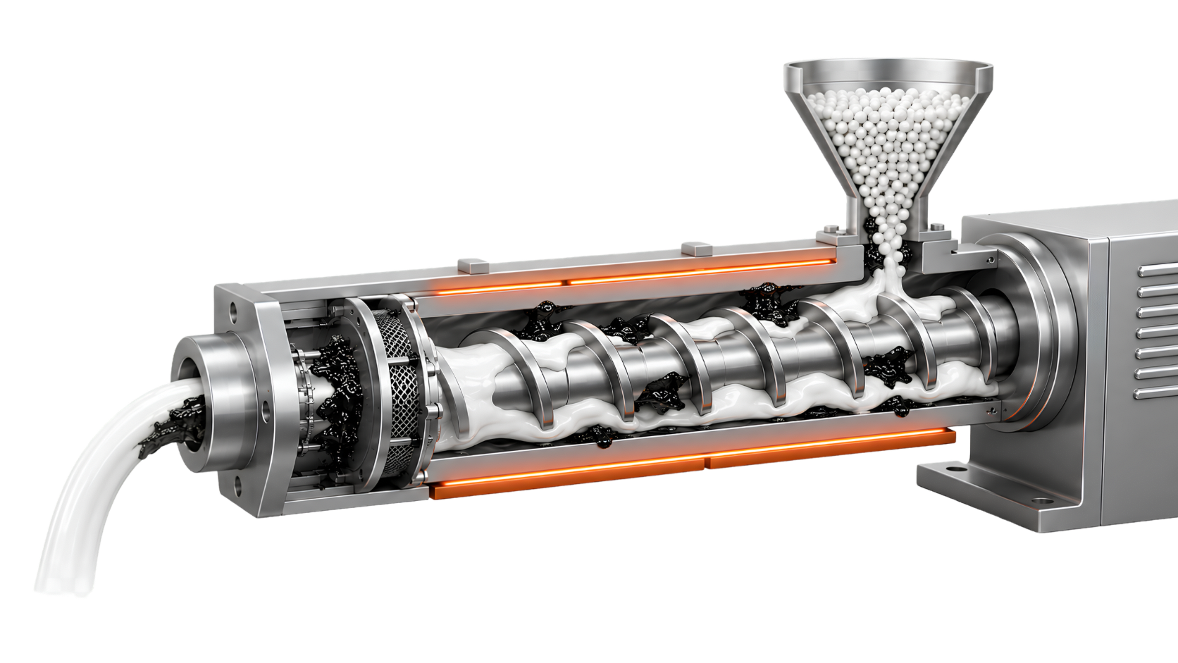 ภาพตัดขวางเครื่อง Extruder แสดง Hopper ด้านขวา Die ด้านซ้าย และคราบซ่อนใน Barrel, Screw, Screen Pack และ Die