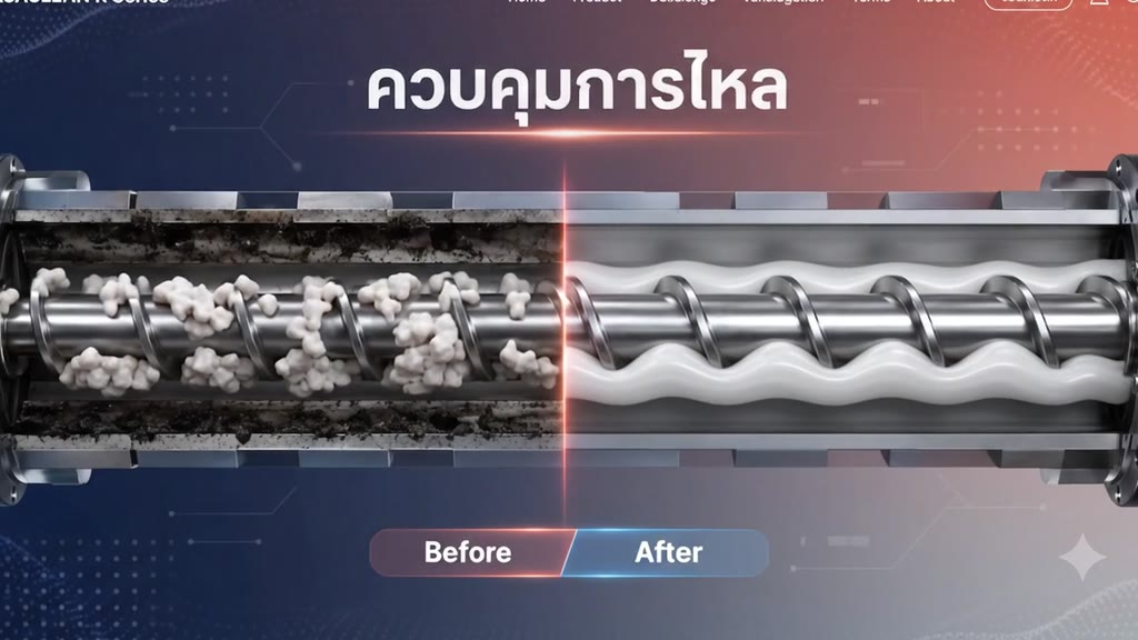 ภาพตัดขวาง screw/barrel เปรียบเทียบก่อน-หลังใช้ ASACLEAN R Series แสดงการไหลแบบ wave flow ที่กวาดคราบออกจากผนัง